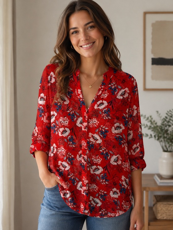 Kut from the Kloth Tops - Kut from the Kloth Chiffon Floral V-Neck Blouse L Red